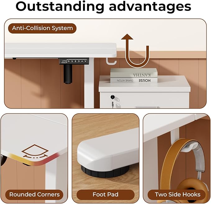 Small Electric Standing Desk, 32" ×20" White Standing Desk, Height Adjustable Compact Sit Stand Workstation with Splice Board, Home Office Desk with 2 Hooks