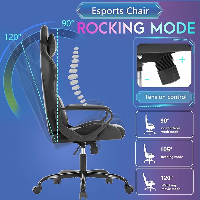 PayLessHere Ergonomic Racing Desk Chair Gaming Chair Computer Chair with Armrests 360° Swivel & Caster Pu Desk Task Chair Executive Headrest Lumbar Support for Back Pain Women Men and Adults (Grey)