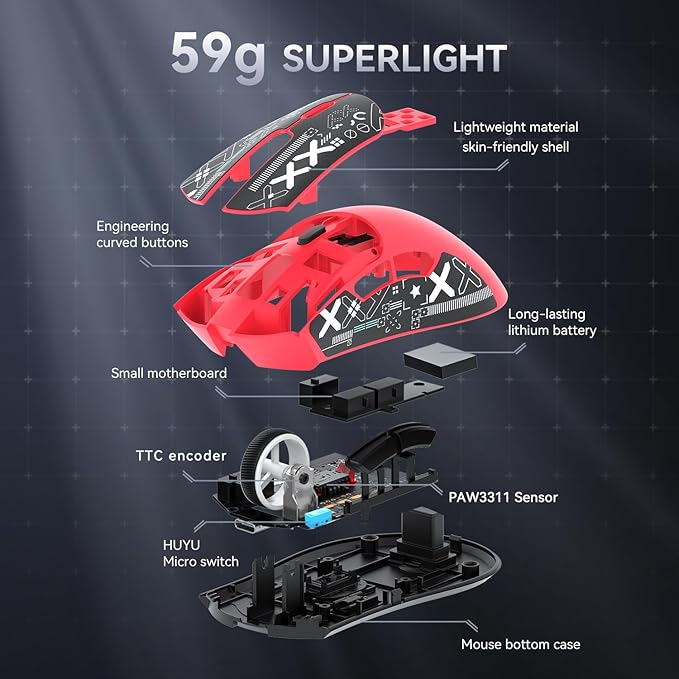 MAMBASNAKE Attack Shark R1 Wireless Gaming Mouse,PAW3311 Optical Sensor 18K DPI,59g Ultralight 2.4Ghz/BT/Wired Computer Mice for Win/Mac-Red&Tape