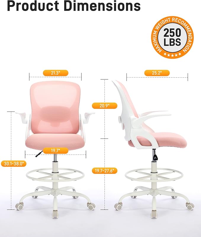 LukkDys Drafting Chair with 4D Multi-Adjustable Backrest, Tall Office Chair 19.7"-27.6" Seat Height, Ergonomic Standing Desk Chair with Flip-up Arms, Foot Ring, Pink&White