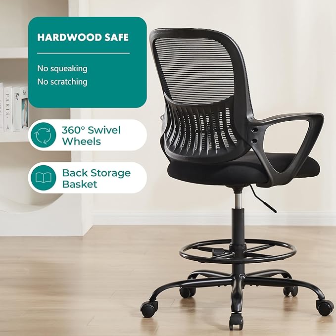 DUMOS Drafting Chair - Counter Height Adjustable Tall Office Desk Chair with Fixed Armrests and Comfortable Lumbar Support for Standing Desk, Deep Black