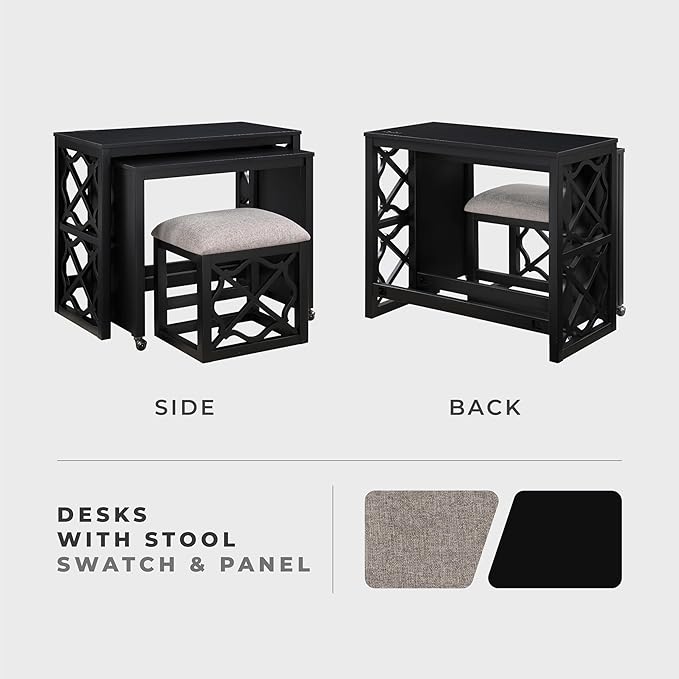 Lexicon Space-Saving Home Office Wood Desk Set, Modern Makeup Vanity Desk with Padded Vanity Stool, USB Charging Port, Nesting Table, Rolling Small Computer Table for Writing/Study/Bedroom, Black