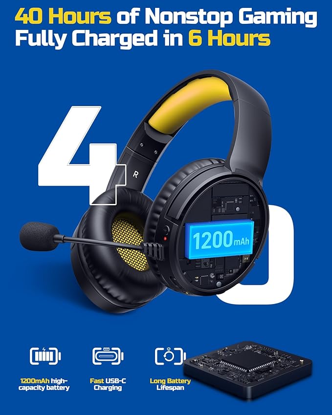 BINNUNE Wireless Gaming Headset — 2.4GHz Low-Latency USB Dongle + Bluetooth, 50mm Drivers 7.1 Surround, Noise-Cancelling Mic, 40H Battery — Over Ear Wireless Headphones for PS5, PC, Laptop, Yellow