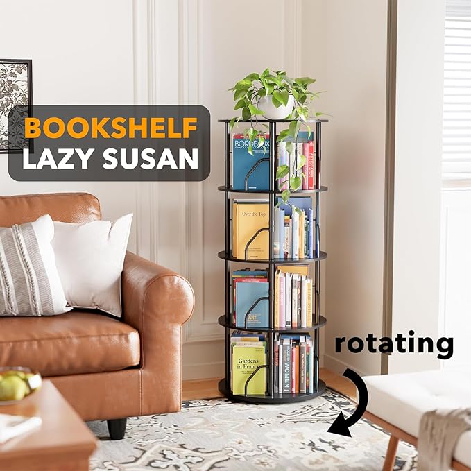 SpaceAid 4 Tier Rotating Bookshelf Tower, 360 Display Stackable Spinning Bookcase, Space Saving Revolving Round Book Shelf, Floor Standing Swivel Corner Organizer, Black