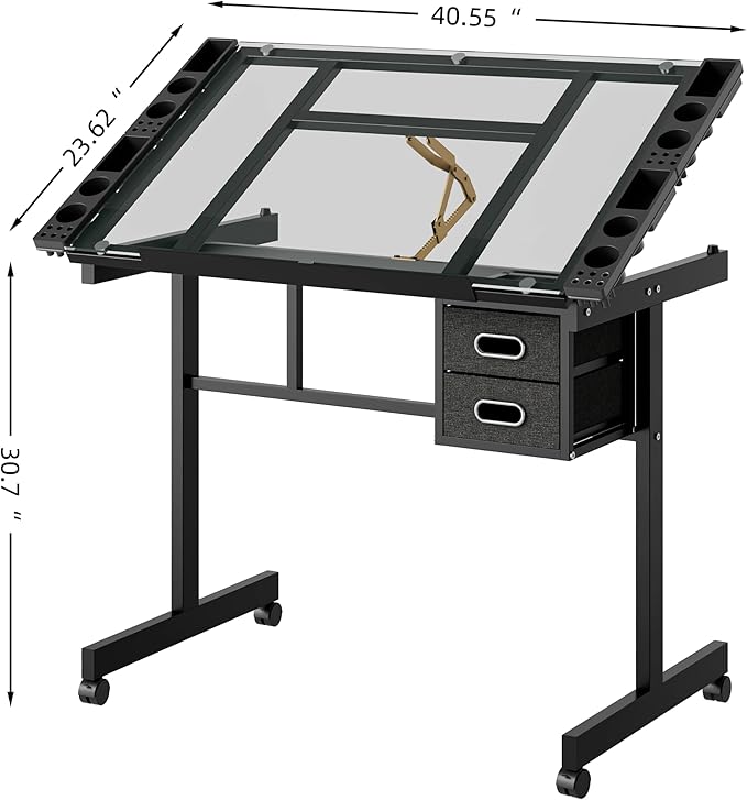 Rolling Drafting Table on Wheels, Painting Table Art Craft Desk Crafting Table with Tilting Transparent Tempered Glass Top, 2 Fabric Storage Drawers and 4 Wheels (Black)