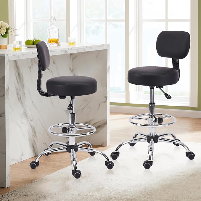 KLASIKA Drafting Stool Chair with Back, Adjustable Foot Rest Backrest Swivel Rolling Stool, Multi-Purpose Office Desk Chair, Thickened Seat for Home Bar Spa Kitchen Shop 2pack