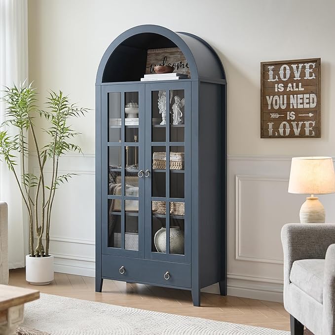 Tall Arched Cabinet, Modern Farmhouse Wooden Display Cabinet with Glass Doors, 70" 6 Tier Bookshelf w/Adjustable Shelves for Living Room, Office, Blue