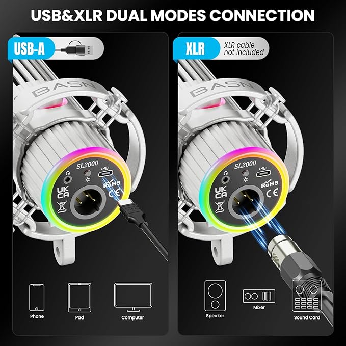 BASN USB/XLR Dynamic Microphone for Podcasting, Live Streaming, Gaming Recording with RGB Mute Button, Headphone Monitoring and MIC Stand (White) SL2000