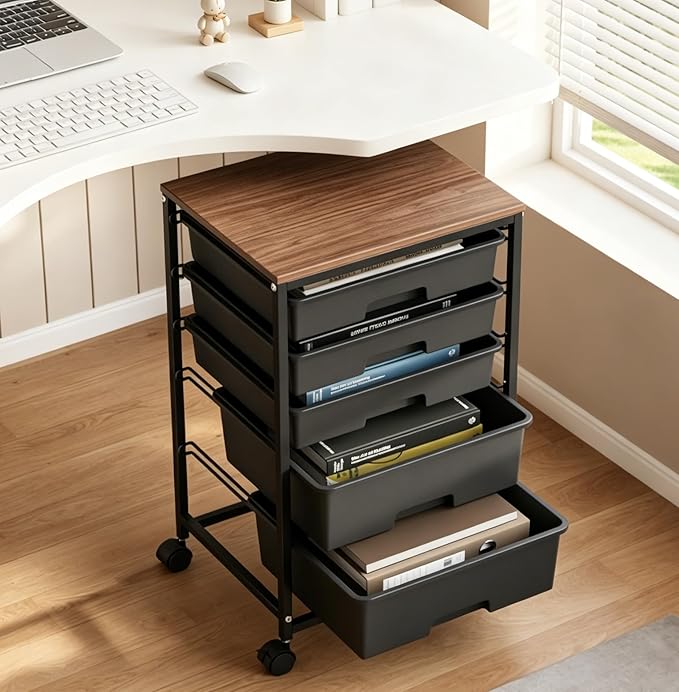 SYKIARIOL 5-Tier Rolling Utility Storage Drawer Craft Cart on Wheels with Wooden Tabletop, Mobile Craft Storage Drawer Cart Trolley for Home Office, Classroom, Craft Room & Kid Room, Black