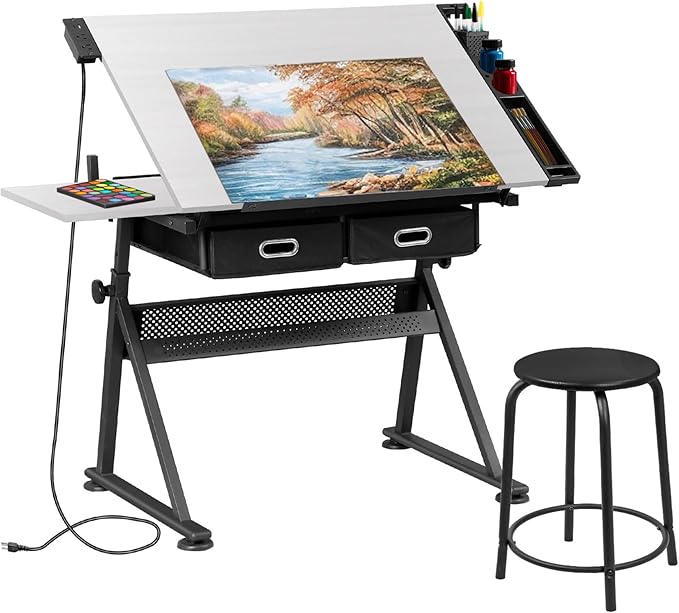 SUPER DEAL Adjustable Drafting Table Set with Charging Station, Tilting Drawing Desk Artist Desk with Stool Multifunctional Art Craft Workstation with 2 Storage Drawers, White