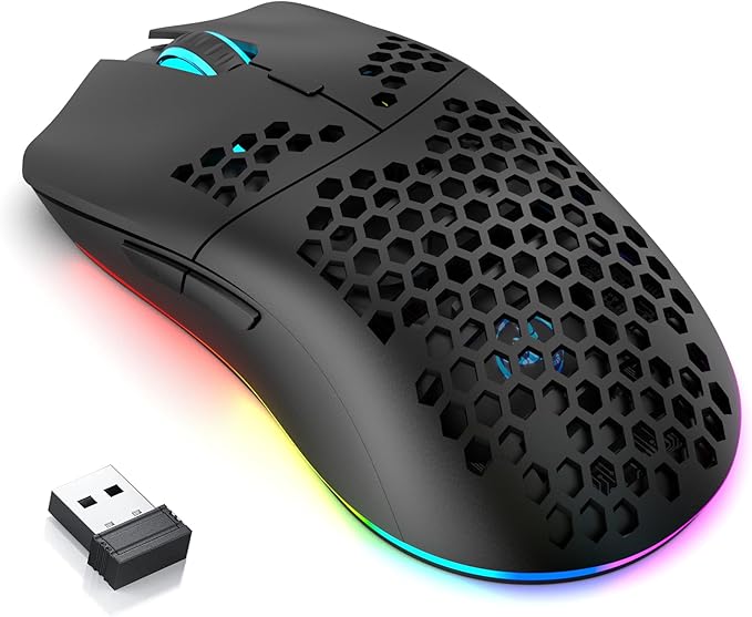 FREEWOLF X HXSJ T66 Wireless Gaming Mouse Tri-Mode Superlight Honeycomb Design PAW3212 3600DPI Sensor 1000Hz Polling Rate Bluetooth/2.4Ghz/Wired Ergonomic PC Mice RGB Light Programmable Buttons-Black