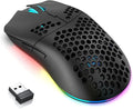 FREEWOLF X HXSJ T66 Wireless Gaming Mouse Tri-Mode Superlight Honeycomb Design PAW3212 3600DPI Sensor 1000Hz Polling Rate Bluetooth/2.4Ghz/Wired Ergonomic PC Mice RGB Light Programmable Buttons-Black