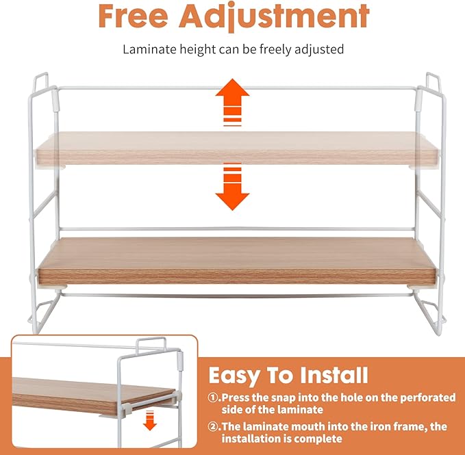PowerKing Desk Shelf Organizer, 2-Tier Desktop Shelves with Wood Board, Adjustable Bookshelf Storage Rack for Home Office School Study Room (White Frame + Original Wood)