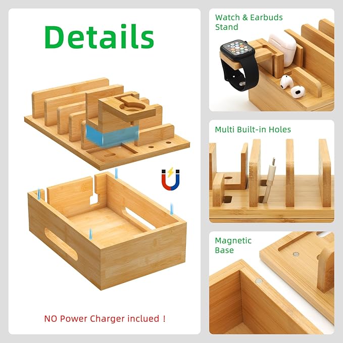 Bamboo Charging Station with Watch Stand, Desktop Charging Station Organizer, Wood Docking Station for Phones, Tablets, Watch, Earbuds (No Power Supply)