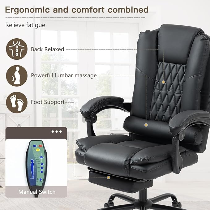 6-Point Heated Massage Office Chair with Footrest, Ergonomic Home Desk Chair with Lumbar Support, Executive High Back PU Leather Computer Chair with Armrest & Reclining, Black