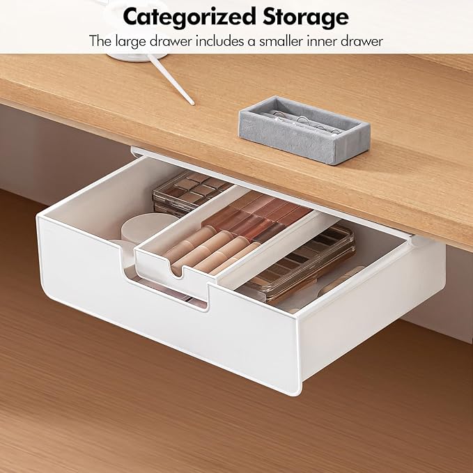 Poeland Under Desk Drawer Organizer, Under Table Slide Out Drawer with Small Drawer Compartment, Hidden Drawer Organizer for Office, Home