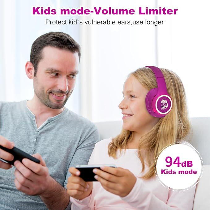 Unicorn Wireless Headphones, LED Light, up ，Kids Headphones Bluetooth with Microphone for School, Travel, Phone, Kindle, PC, TV, MP3 ((Violet)