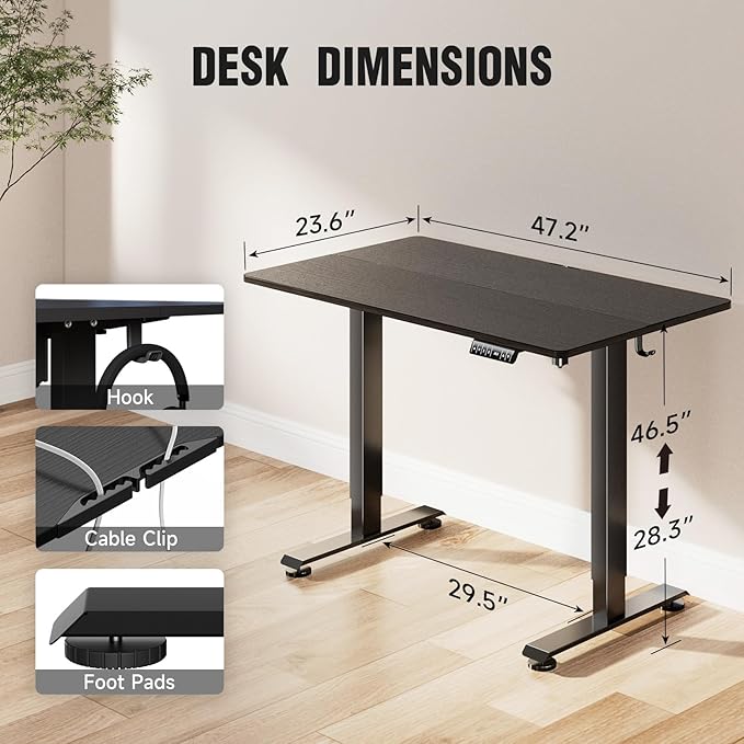 Veken Standing Desk Electric 47.2 Inch, Height Adjustable Sit Stand Up, Wood Desktop, Work Home Office Computer PC Table, Tall Standup Workstation, Gaming Writing Study Bedroom Rising Desks, Black