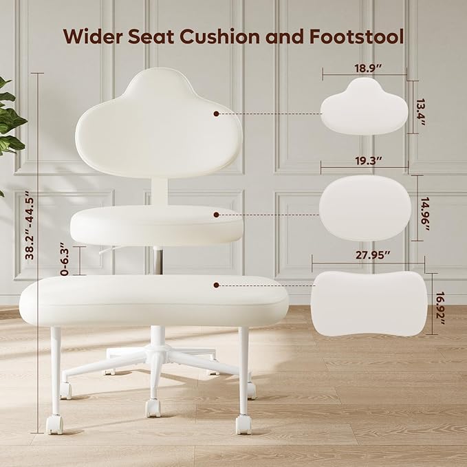 Pinmoco Cross Legged Office Chair with Wheels, Meditation Chair, ADHD Chair for Adults, Wider Height Adjustable Backrest and Seat, Yoga Office Chair, PU Leather, Beige