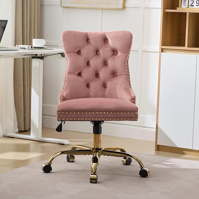 Goujxcy Desk Chair, Modern Velvet Upholstered Tufted Button Home Office Chair, 360° Swivel Armless Desk Chairs, 120°Rocking Ergonomic Computer Task Vanity Chairs, Pink