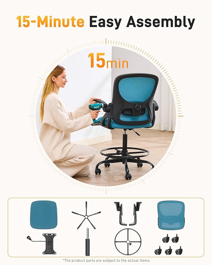 LukkDys Drafting Chair with 4D Multi-Adjustable Backrest, Tall Office Chair 19.7"-27.6" Seat Height, Ergonomic Standing Desk Chair with Flip-up Arms, Foot Ring, Blue&Black