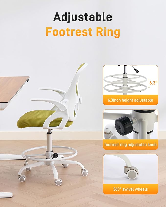 LukkDys Drafting Chair with 4D Multi-Adjustable Backrest, Tall Office Chair 19.7"-27.6" Seat Height, Ergonomic Standing Desk Chair with Flip-up Arms, Foot Ring, Green&White