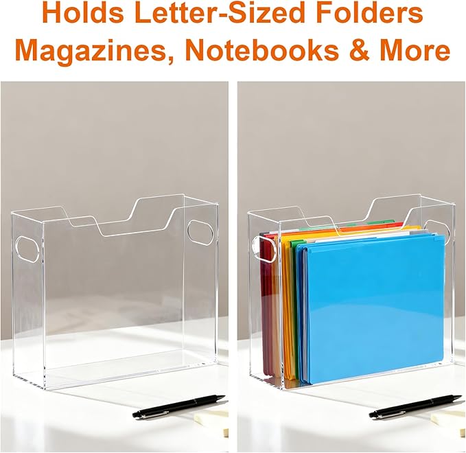 Acrylic File Organizer, 12.2 x 3.5 x 9.6 Inch Clear Hanging Folder Organizer with Handle Lightweight Slim Desktop File Storage for School, Office, Home