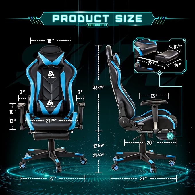 AA Products Gaming Chair High Back Ergonomic Computer Racing Chair Adjustable Office Chair with Footrest, Lumbar Support Swivel Chair - Blue