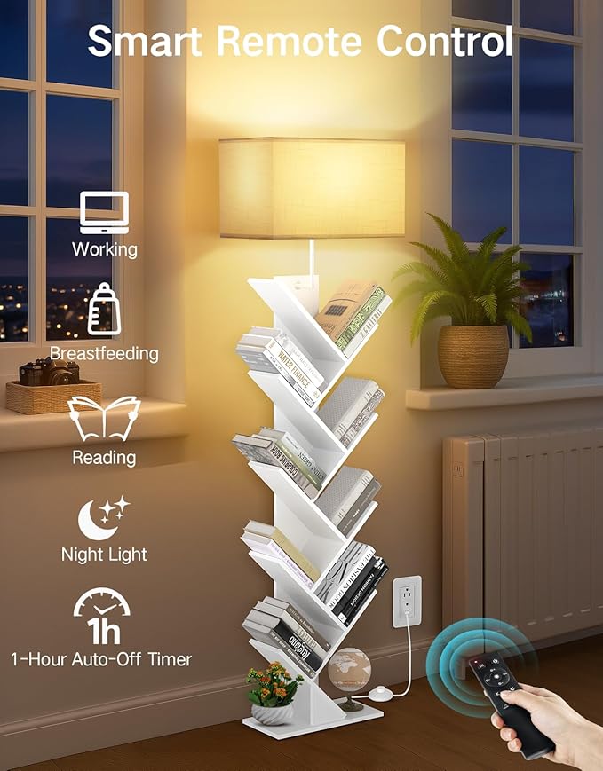 9 Tier Tree Bookshelf with Light, Remote & Timer, Dimmable Tall Floor Book Shelf, Narrow Wood Bookcase, Small Book Organizer Shelves for Living Room, Bedroom, Home Office (White)