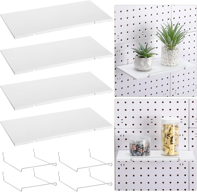 Wonderjune 4 Pcs Wooden Pegboard Shelves with Metal Pegboard Shelf Brackets Peg Board Display Storage Tray Wall Organizer Peg Board Accessories for Craft Room Home Kitchen(White,9.84 x 5 Inch)