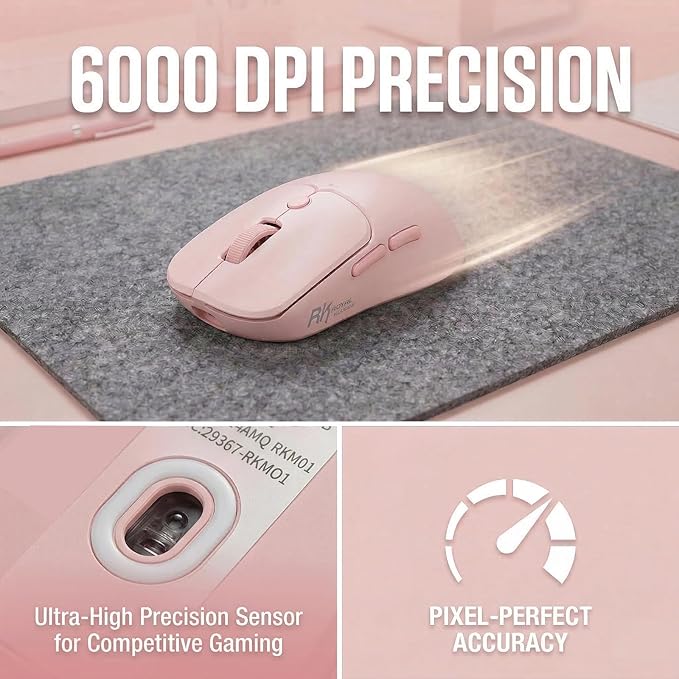 RK ROYAL KLUDGE MO1 Wireless Mouse, 55g Ultra-Lightweight Computer Mice, 6 Programmable Buttons, 2.4GHz/Bluetooth/Wired, 6000 DPI Optical Sensor, Pink