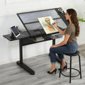 Glass Drafting Table, Height Adjustable Drawing Table with Storage & Stool, 75° Tilting Tops Art Table for Artists, Architects and Designers, Space-Saving & Specialty Options, Type 3-Black