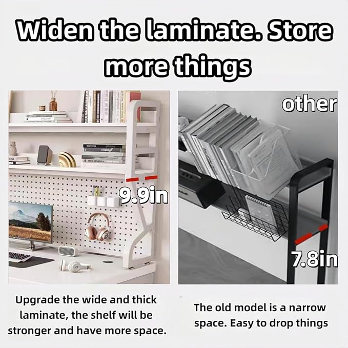 Desktop Hutch Bookshelf,Many Gifts,Metal Desktop Bookcase with pegboard, Desk Shelf, Countertop Storage Organizer Rack for Dorm or Office,Desktop Shelves (White, 29.5" Lx9.9 Wx39 H)