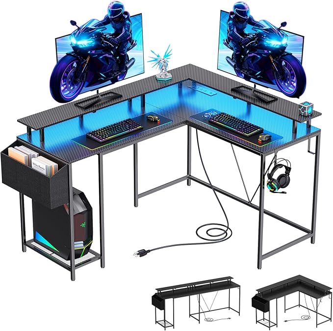Eivanet L Shaped Gaming Desk with Power Outlets & LED Lights, 53 inch Corner Computer Desk with Monitor Stand and Storage Bag, Home Office Desk Table for Bedroom, Dual Workstation, Carbon Fiber Black