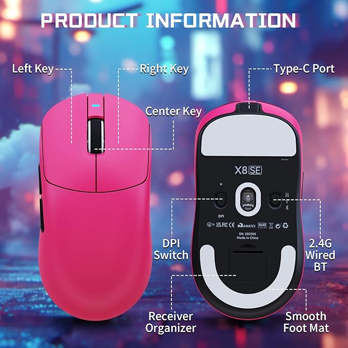 ATTACK SHARK X8SE Wireless Gaming Mouse,Adjustable 25K DPI PAW3311 Optical Sensor,Ergonomic 59g Lightweight,Triple Modes 2.4G/BT/USB-C Wired,500mAH Battery,5 Programmable Buttons for PC/Mac-Red