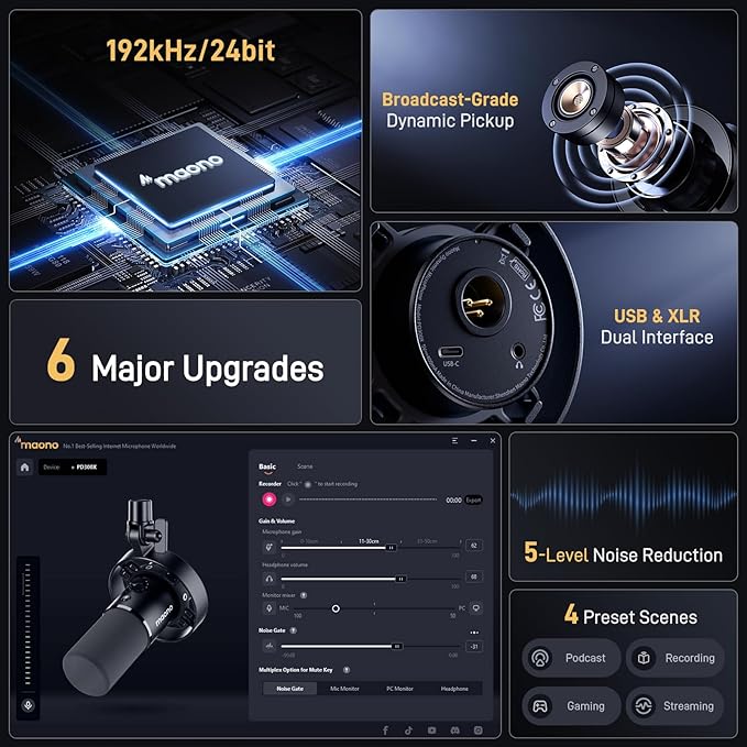 MAONO Dynamic Microphone and XLR Cable, USB Podcast Recording Mic for Vocal Recording, Content Creation, Home Studio, Voiceover, with 192kHz/24bit, Noise Reduction, Mic Gain, Mute(PD300X+XLR180)