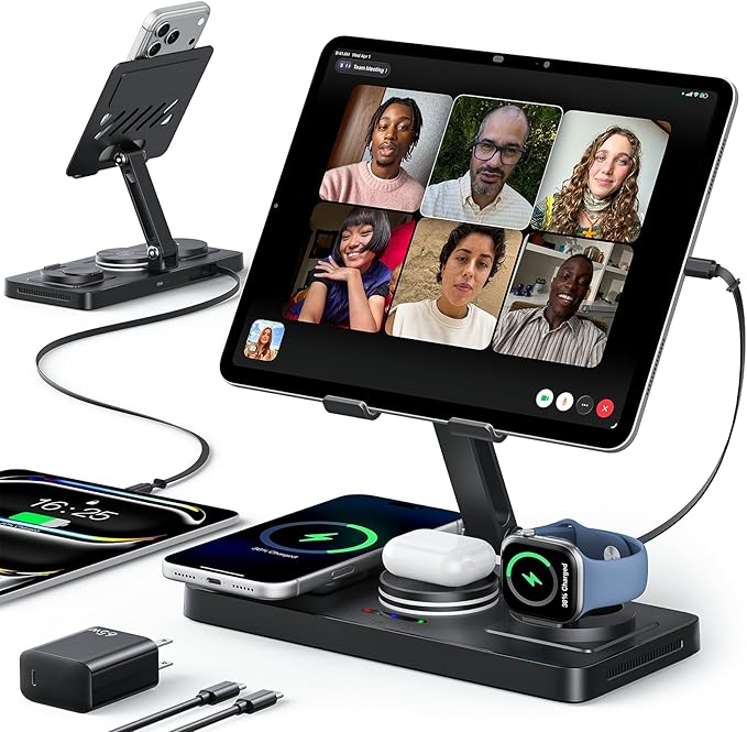 5 in 1 Charging Station for Apple Multiple Devices &65W Adapter, 30W Max Bulit-in Retractable Cable Fast Wired Charging Stand for iPad/Tab, Foldable Magnetic Wireless Charger for iPhone 17/iWatch/Buds