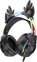 Gaming Headset with Microphone, Deer Ears Headphones for PC Laptop PS4 PS5 Xbox Switch, Rainbow RGB Lighting & Virtual Surround Sound, 3.5mm Over Ear Headphones, Ergonomic