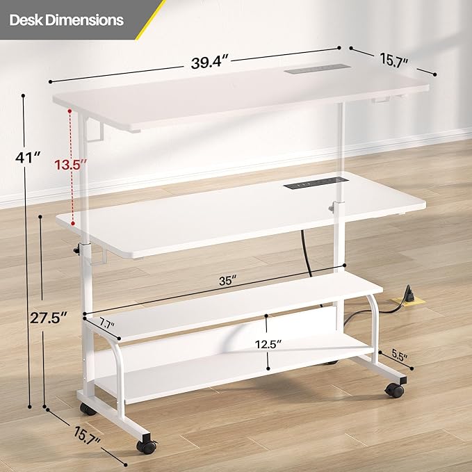 Armocity Rolling Standing Desk with Power Outlets, 39" Manual Height Adjustable Mobile Computer Desk with Wheels, Small Portable Sit Stand Laptop Couch Table for Bed & Sofa Home Office, Whtie