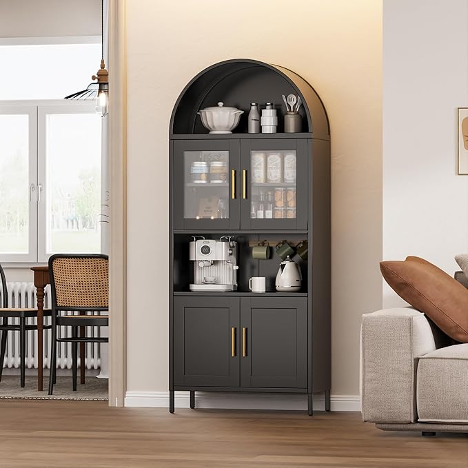 VEXPOR 73" Tall Arched Kitchen Pantry Cabinet with Doors, Metal Arched Hutch Cabinet for Kitchen, Dining Room, Living Room, Assembly Required, Black