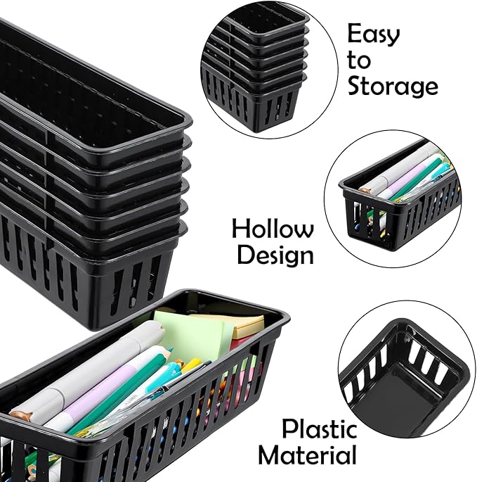 12 Pack Slim Plastic Storage Baskets Tray for Organizing, 10.24 x 3.15 x 2.36 Small Narrow Storage Bins Stackable Drawer Pencil Trays Holder for Desk Garage Cabinet Containers (Black)