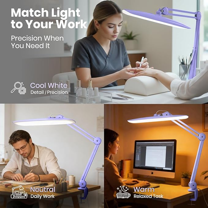 Neatfi XL 2200 Lumens 20W LED Desk Lamp with Clamp – Adjustable Color Temperature | 4-Level Dimmable Light | Home Office, Crafts & Workbench | 20-Inch Wide Head (Lavender, CCT with Clamp)