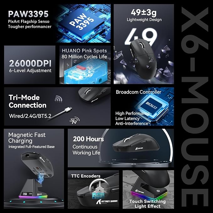 MAMBASNAKE Attack Shark X6 Wireless Gaming Mouse,RGB Magnetic Charging Dock,49g Ultralight X3 Upgrade,Tri-Mode 2.4GHz/BT5.2/USB-C,PAW3395 Sensor 26KDPI,G502 Programmable Mice for Win/Mac - Black