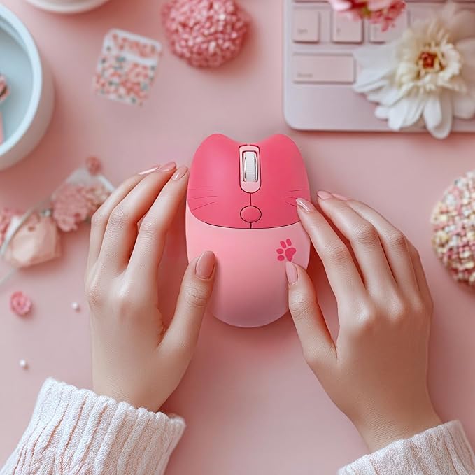Lomiluskr Cute Cat Wireless Mouse, Lightweight Soundless Mice, 2.4G Wireless Mice, Candy Colors, Kawaii Mouse for Girls and Kids (Pink)
