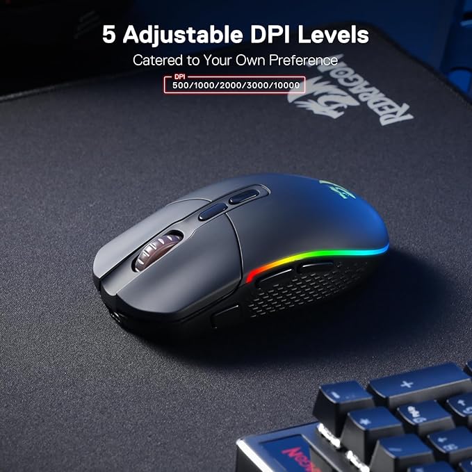 Redragon M719 Pro Wireless Optical Gaming Mouse, 8 Programmable Buttons, RGB Backlit, 10,000 DPI, Ergonomic PC Computer Gaming Mice with Fire Button
