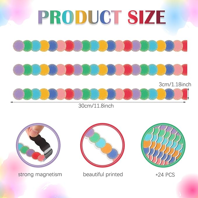 Ireer 24 Pieces Magnetic Strips Retro Magnetic Border for Classroom Whiteboard Bulletin Board Decorative Strips with Adhesive Borders for Bulletin Chalkboard(Round)