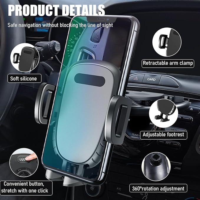 Car Phone Holder for CD Slot, Magnetic or One Button Release Hands Free Car Phone Holder, Silicone Pad Protection and 360° Rotation Cell Phone Mount, Car Accessories