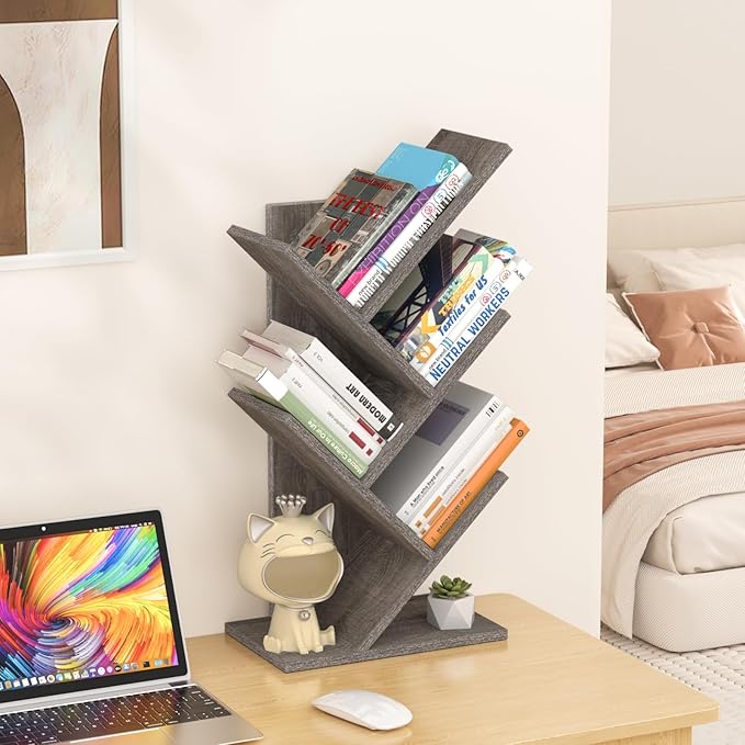 SHEEPAM 5 Tier Tree Book Shelf, Small Desktop Bookshelf with Storage Organizer, Wood Bookcase, Desk Display Bookshelves, Floor Standing Organizer Bookcases for Living Room,Bedroom,Office - Light Grey