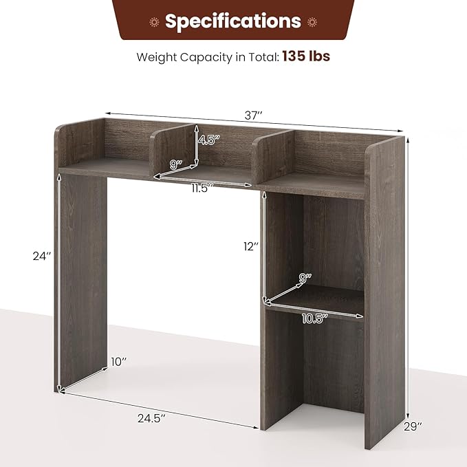 Desktop Bookshelf, 3-Tier Desk Hutch Shelf with 5 Display Rack for Computer Desk, Desk Organizer Shelves for Top of Desk, Dorm, Home, Office (Grey)