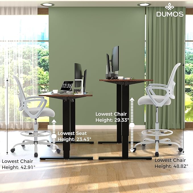 DUMOS Drafting Chair - Ergonomic Tall Office for Standing Desk, Counter with Height Adjustable and Comfortable Lumbar Support, Fixed Armrests, Grey